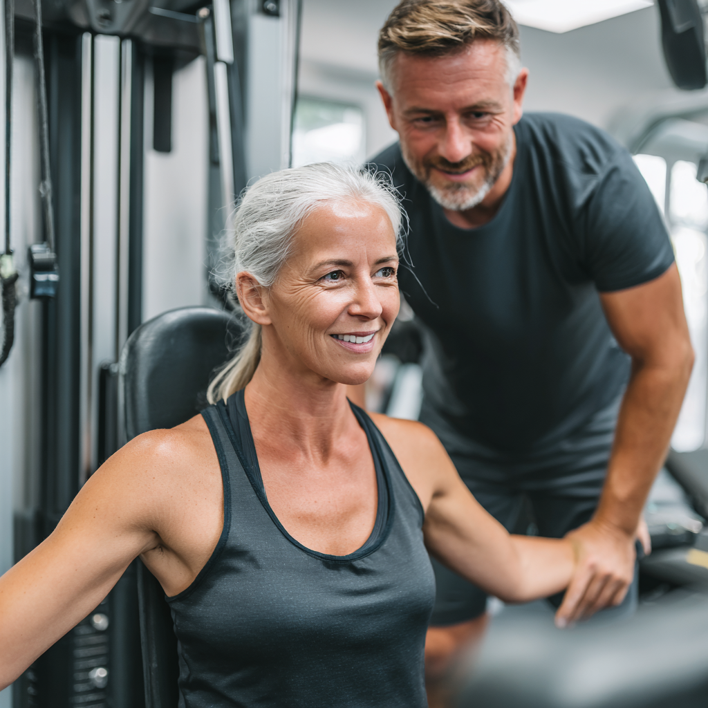 Жінка 58 років займається з персональним тренером на тренажері для спини в світлому фітнес-залі