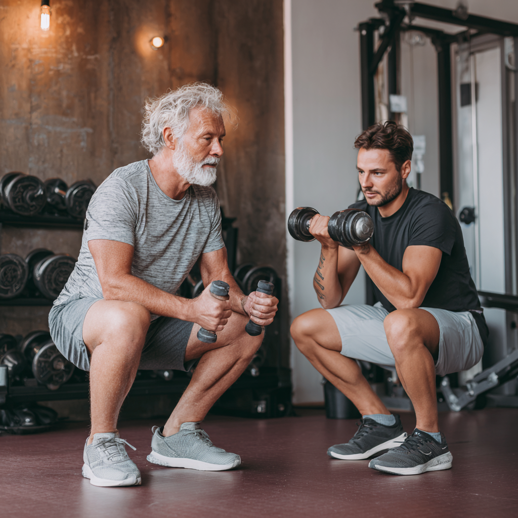 Чоловік 60 років виконує присідання з легкими гантелями під наглядом досвідченого тренера в затишному залі