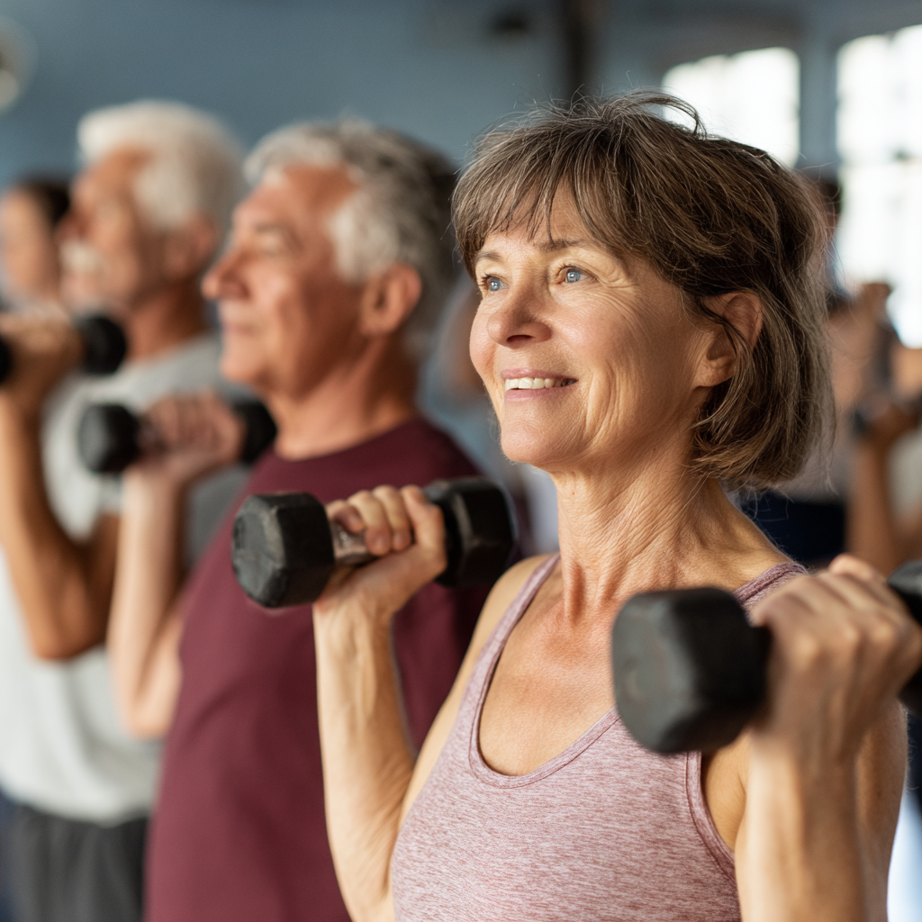 Група людей віком 50-60 років виконує вправи з гантелями на груповому занятті у просторому залі