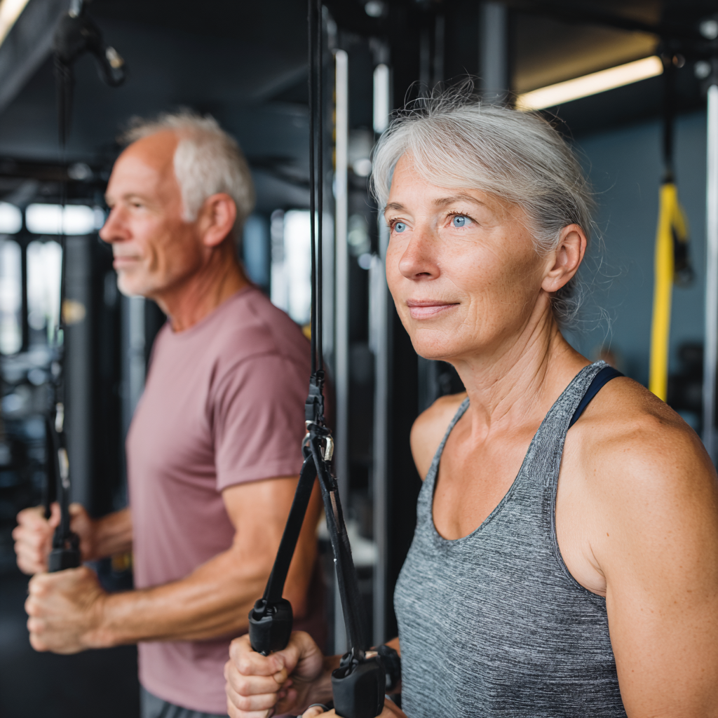 Чоловік та жінка 55 років виконують функціональні вправи в сучасному фітнес-залі з професійним обладнанням